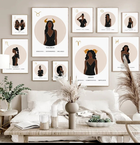 Melanin Zodiac Poster (16x20") Custom Constellation Black Girl Prints |African Wall Art Canvas