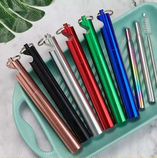 Portable Stainless Steel Straw Stainless Steel Collapsible Metal Straw, Brush & bottle opener