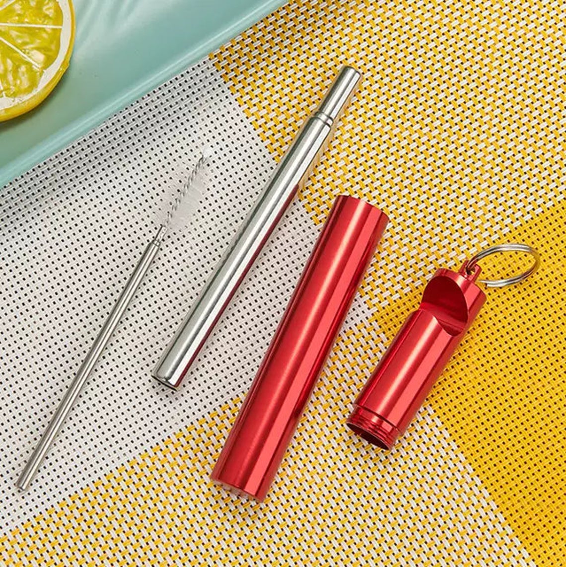 Eco-Friendly Collapsible drinking Straw with Bottle Opener Case, Cleaner Brush, Keychain